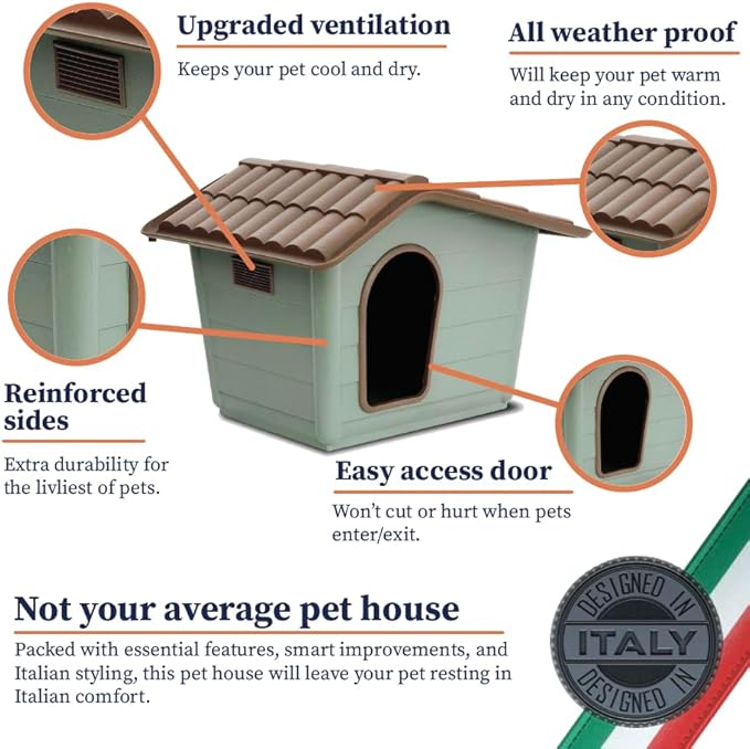 Upgraded ventilation, all weather proof, reinforced sides, easy access door, not your average pet house